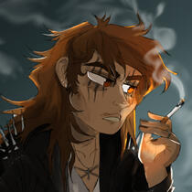 A drawing of Serendipity Johnson, a woman with tan skin, dark brown eyes, and long, curly brown hair. She is wearing black corpse paint and red lipstick.